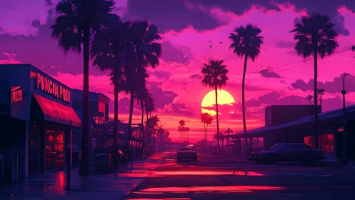 Urban palm-lined street at saturated magenta sunset scene.