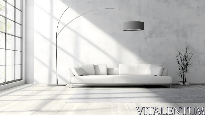 Minimalist white living room with arched floor lamp glow.