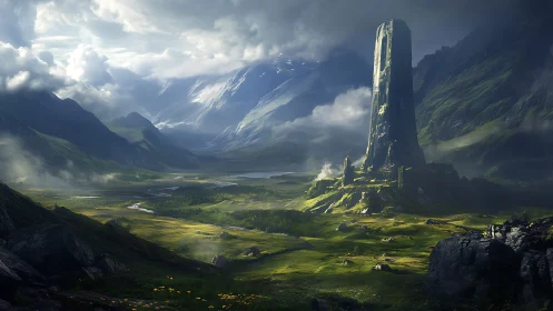 Lonely stone tower rising over vast green fantasy valley.