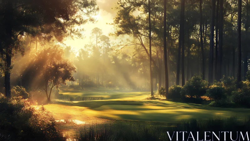 Golden hour sunlight sculpts tranquil forest golf fairway