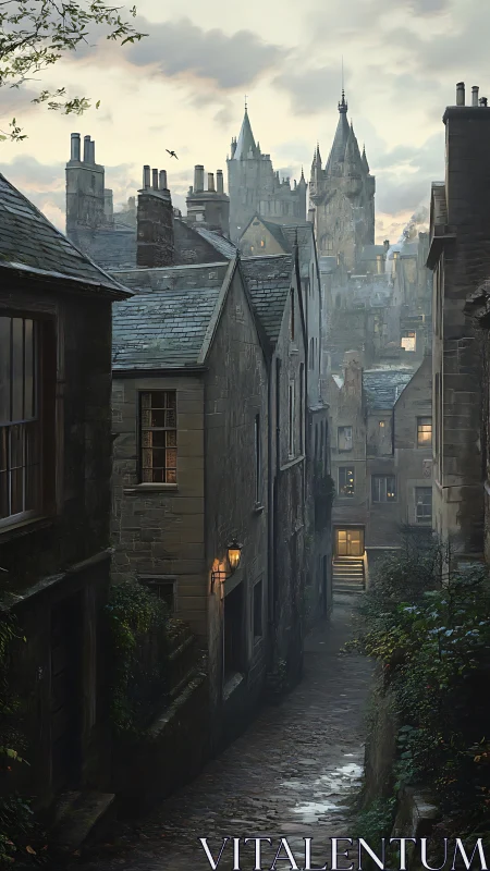 Narrow medieval stone alleyway at dusk with distant spires