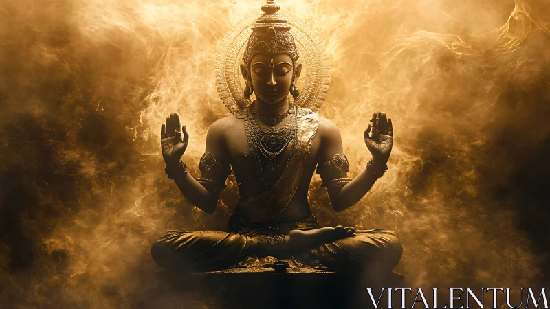 Golden meditative deity rendered in dramatic volumetric light