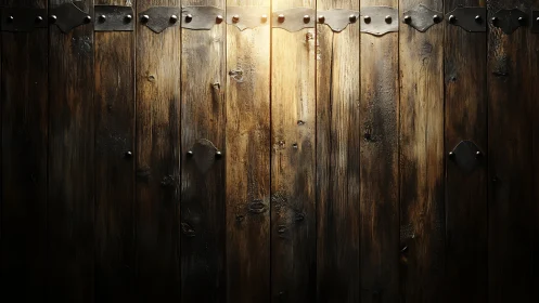Weathered wooden gate glows softly in warm evening light
