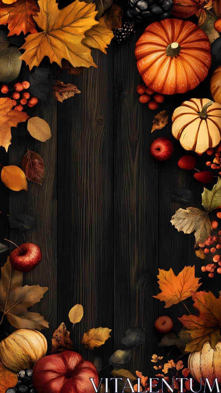 Harvest pumpkins and autumn leaves framing dark wood board.