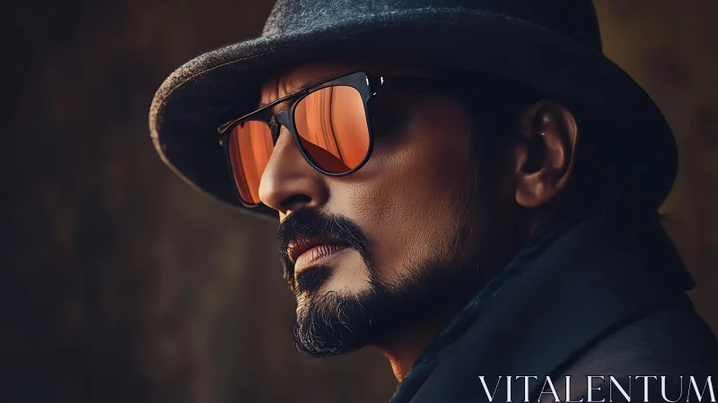 Side-lit portrait isolates reflective sunglasses with warm bokeh