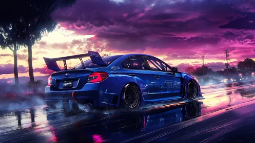 Blue tuned sedan drifts on wet road under neon sunset sky