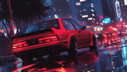Retro sports coupe rendered in neon-soaked cyberpunk rain street