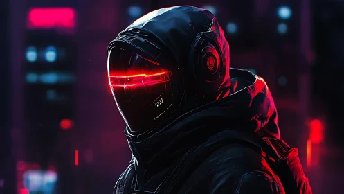 Hooded cybernetic figure stands in neon lit urban environment