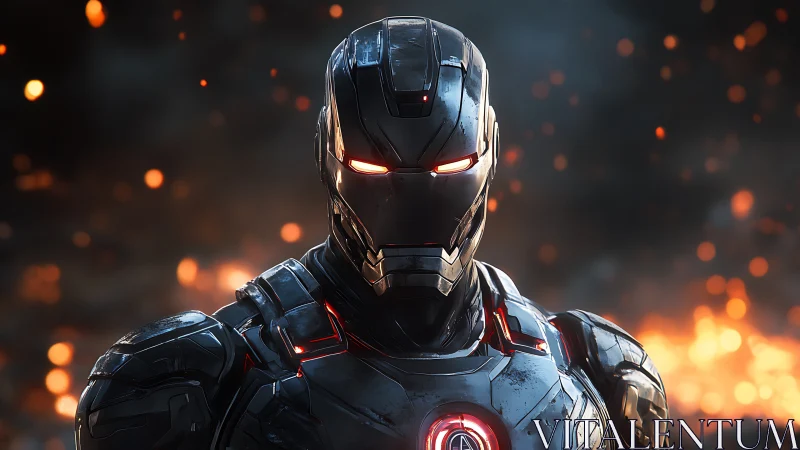 Armored cybernetic warrior stands amid drifting embers.