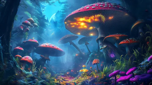 Glowing forest mushrooms guiding a cozy moonlit wander.