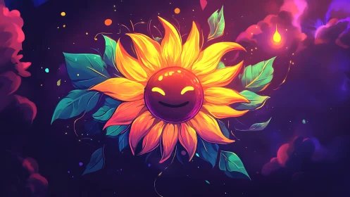 Digital painting of smiling cosmic sunflower with neon foliage.