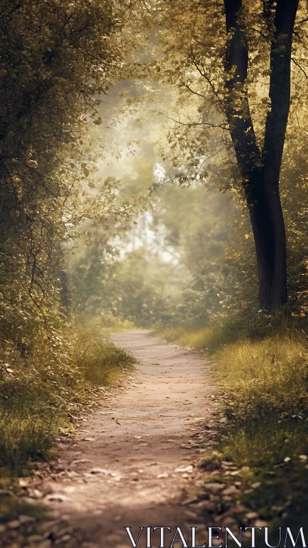 Golden forest pathway dissolves into misty light.