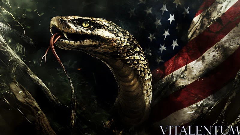 Coiled snake emerges before worn American flag in darkness