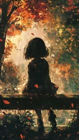 Solitary girl on bench under glowing autumn canopy at dusk.