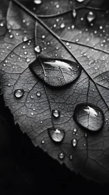 Raindrops rest on textured leaf veins in moody monochrome.