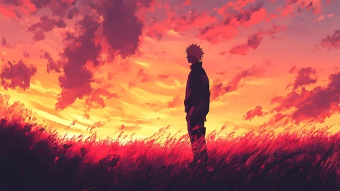 Lone anime figure contemplates a blazing red sunset sky.