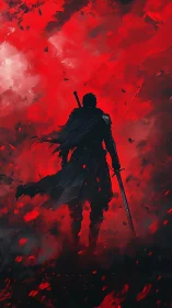 Lone dark swordsman stands against swirling red storm.