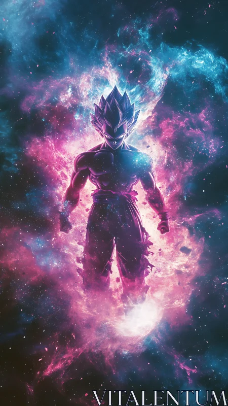 Cel-shaded figure centered in high-contrast cosmic energy field