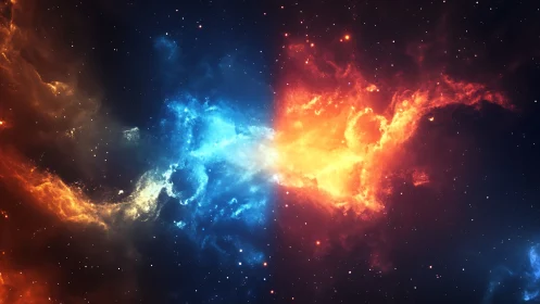 Fiery and icy cosmic clouds meet gently in starry space