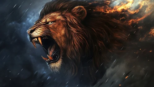 Fiery roaring lion emerges from stormy darkness.