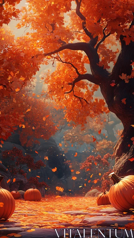 Autumn forest path with pumpkins under dense orange foliage.