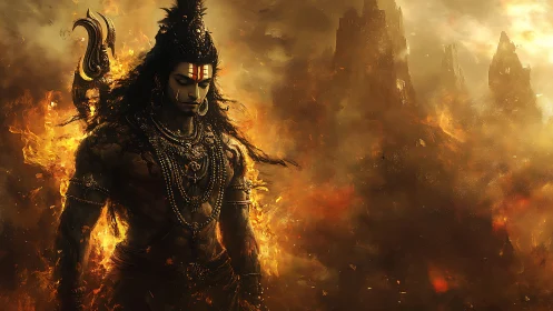 Fire crowned ascetic strides through molten twilight storm.