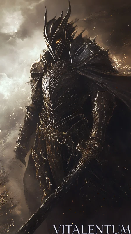 Dark armored warlord in stormlit battlefield panorama.