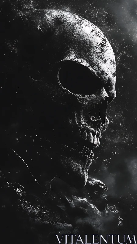 Eroded monolithic skull rendered in high-contrast chiaroscuro.