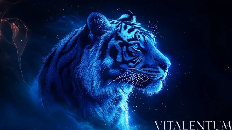 Neon blue tiger profile glows against deep cosmic night.
