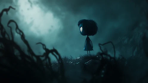 Digital painting of lone child in eerie misted forest clearing.