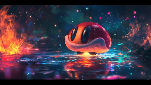 Cartoon mushroom creature floats above reflective neon water