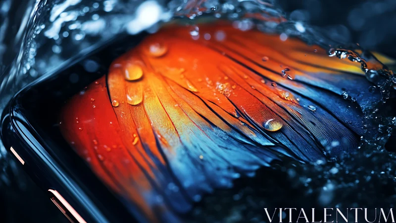 Liquid feathers ignite a neon storm on sleek glass surfaces.