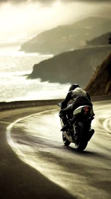 Motorcyclist rides along wet coastal highway at sunset