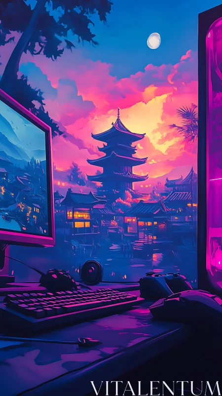 Gaming desk overlooks neon stylized sunset pagoda scene