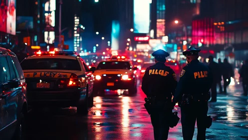 Nocturnal urban patrol in neon-lit rain-soaked streetscape.