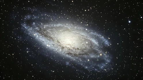 Distant spiral galaxy glows softly in a calm starry night
