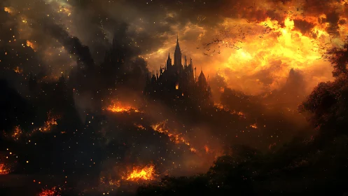Dark castle silhouette surrounded by flames and smoke