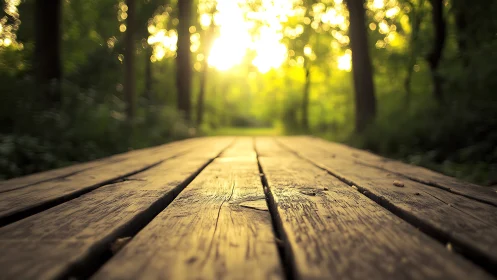 Wooden pathway in sunlit forest, shallow depth of field photograph.