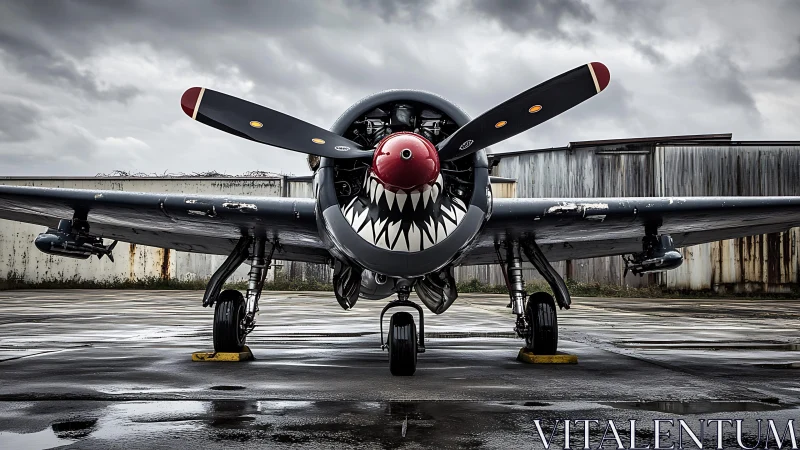 Propeller fighter aircraft front view on wet tarmac under clouds.