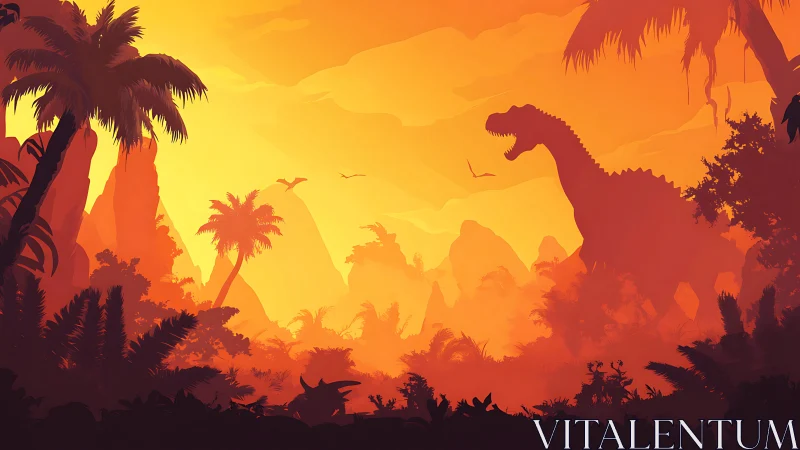 Layered tropical Jurassic valley with silhouetted sauropod forms