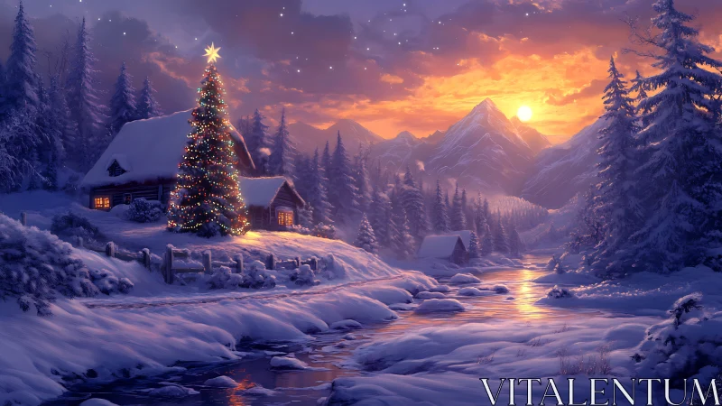 Starlit Christmas cabin glows beside a spellbound winter river.