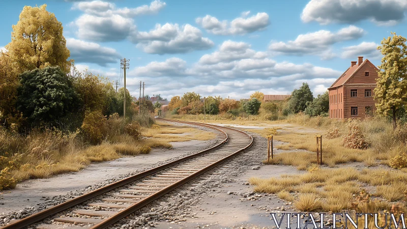 Curving rural railway line beside brick house in fields.