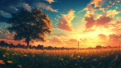 Solitary tree in open field under vivid sunset sky.