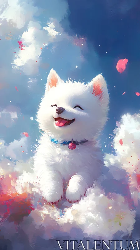 Joyful white puppy floats in dreamy pastel cloudscape