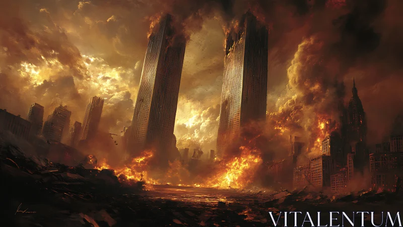 Urban skyline engulfed in large-scale structural fires.