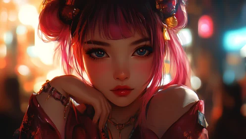 Neon city dreamer with bright eyes and electric pink hair.