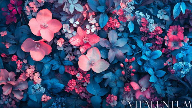 Vibrant Floral Garden with Pink and Blue Blooms.