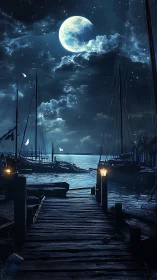 Moonlit wooden pier under dramatic night sky seascape.
