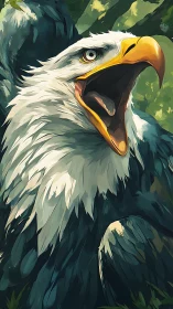 Bald eagle portrait captures fierce cry in forest light.