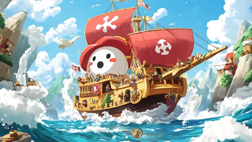 Cartoon pirate ship sails through bright coastal seascape